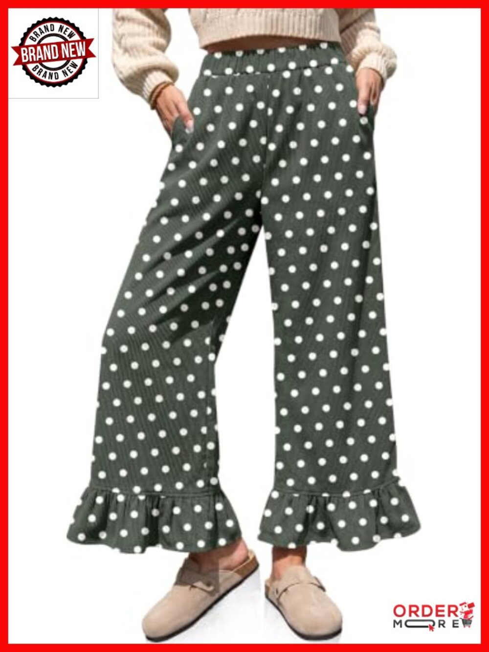 Corduroy Pants High Waisted Wide Leg Ruffle Hem Pull On Casual